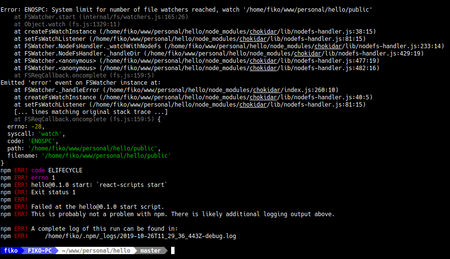 NPM - npm start Error: ENOSPC: System limit for number of file watchers reached